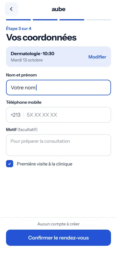 Concept Clinique Aube, Écran 3 : coordonnées, sans création de compte
