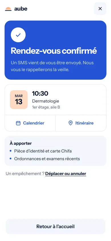 Concept Clinique Aube, écran mobile de confirmation du rendez-vous