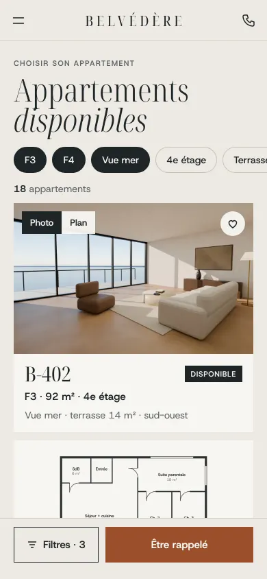 Concept Résidence Belvédère, Écran 1 : appartements disponibles, filtres et fiche