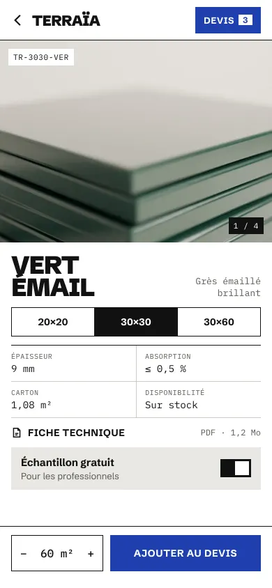 Concept Terraïa, Écran 1 : fiche produit Vert émail, ajout au devis