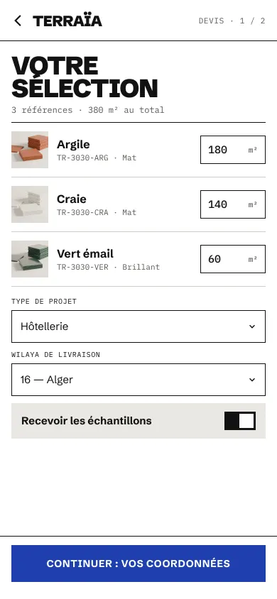 Concept Terraïa, Écran 2 : sélection du devis, surfaces et livraison