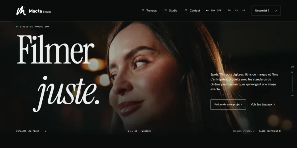 Site Macta Studios, accueil sur ordinateur avec le titre Filmer juste